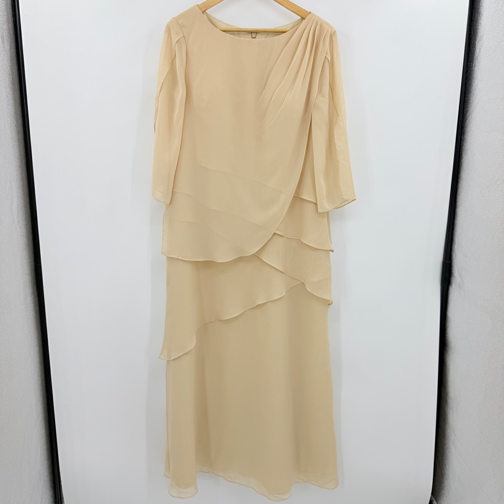 JJ's House Mother of Bride Champagne Tiered Chiffon Maxi Dress 3/4 Sleeve US 12